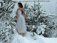 Public nude fun with a naked student in the snow