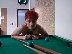 Muscular man fucks inked girl on pool table