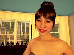 Virtual reality porn with a young Asian teen giving a handjob