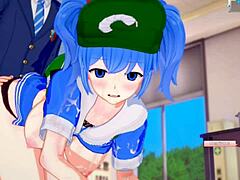 Nitori Kawashiro's big tits get a big blowjob in this Hentai video