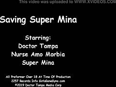Vulnerable heroine Mina, harmed by Kryptonite condom, pleas for Doctor Tampa's rescue in gyno examination.