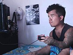 Dwarf engrossed in video games, stepsister aroused and stimulates his penis