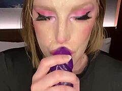Blonde wife practices deep throat skills with sex toys