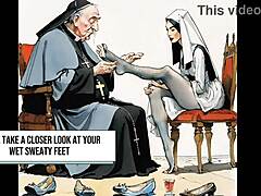Een oudere man geeft zich over aan voet- en anale seks met een jonge non, inclusief een scheetfetisj en cartoonafbeeldingen